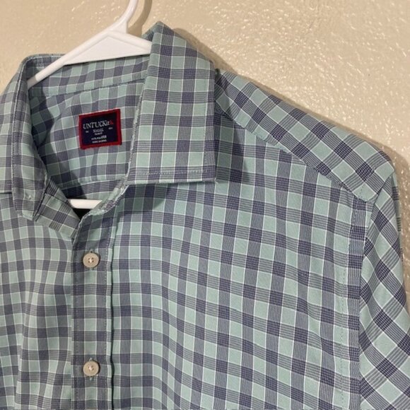 UnTuckit Shirt Mens Small Slim Polyester Stretch Button Long Sleeve Green Blue - Picture 2 of 5